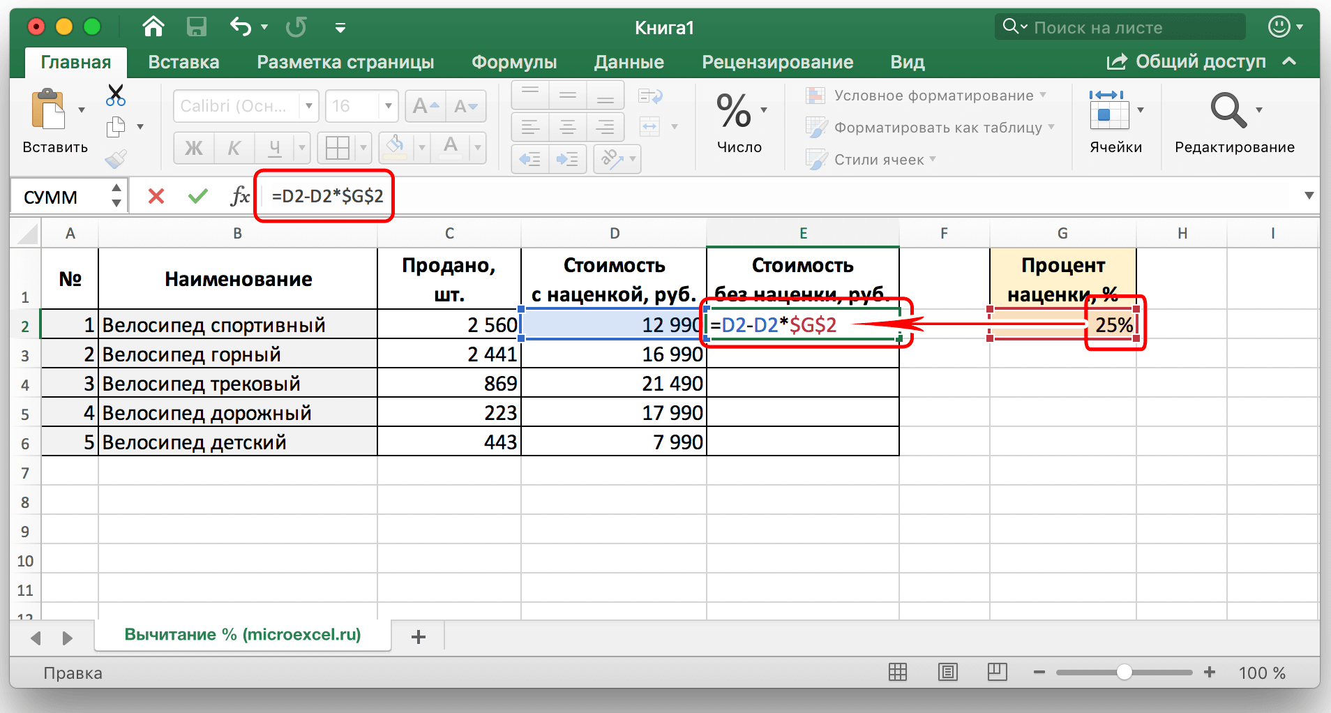 Відсоток числа від числа Excel (формула)