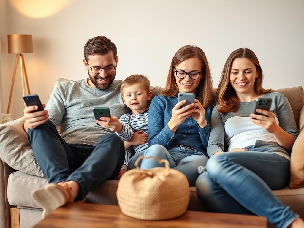 A family of 4 people of European race sitting on a sofa and using gadgets Домашній інтернет без світла