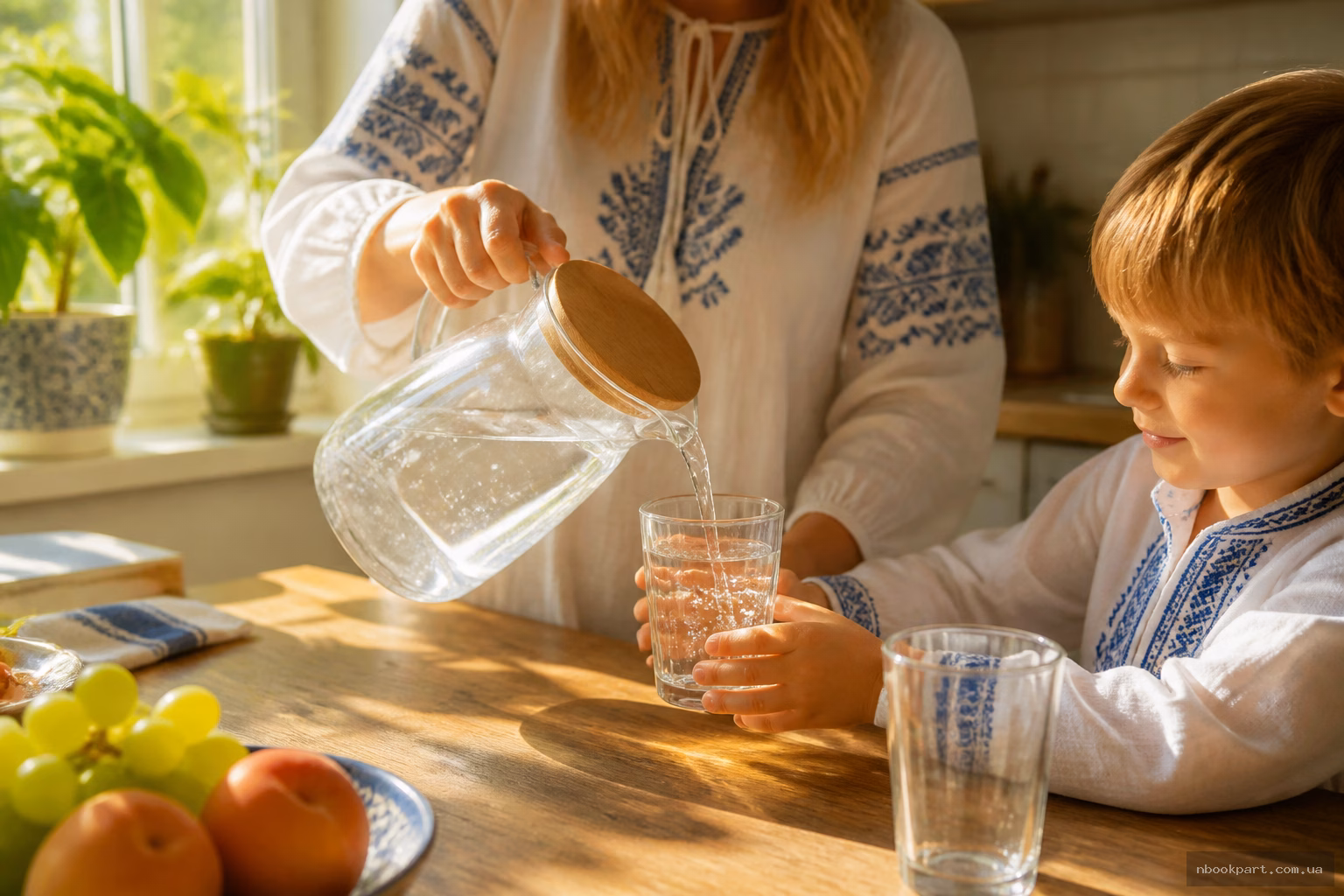 Родина п'є очищену воду на домашній кухні