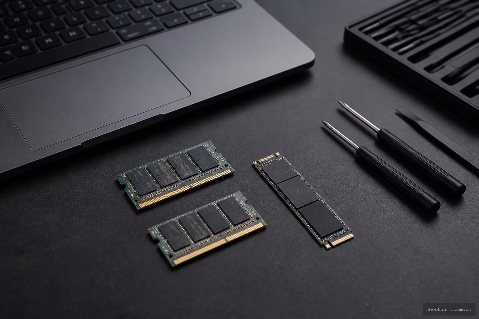 Модулі пам’яті та SSD-накопичувач поруч із ноутбуком