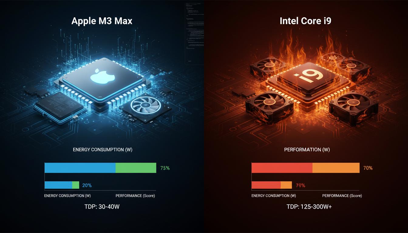 Порівняння енергоефективності: Apple M3 Max проти топових Intel Core i9. . Енергоефективність у цифрах без фанатизму Порівняння енергоефективності: Apple M3 Max проти топових Intel Core i9. . Енергоефективність у цифрах без фанатизму