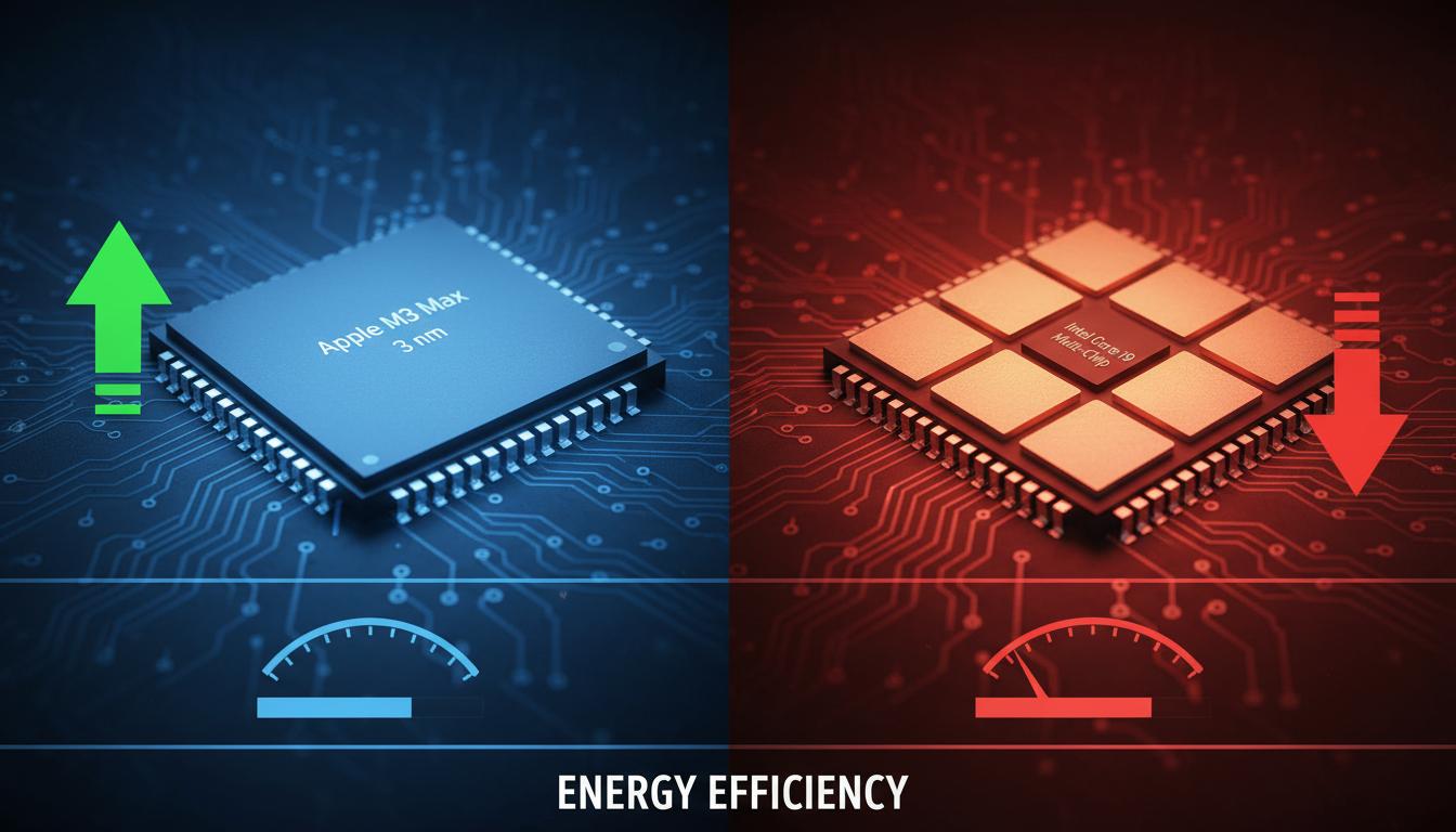 Порівняння енергоефективності: Apple M3 Max проти топових Intel Core i9. . Apple M3 Max: монолітна єдність і 3 нм Порівняння енергоефективності: Apple M3 Max проти топових Intel Core i9. . Apple M3 Max: монолітна єдність і 3 нм