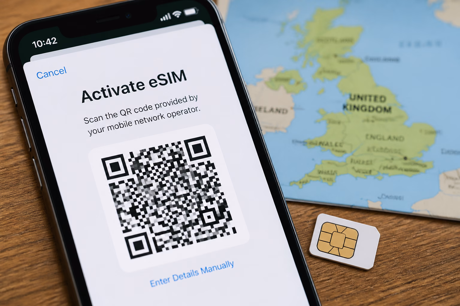 eSIM и традиционная сим-карта на фоне карты Великобритании