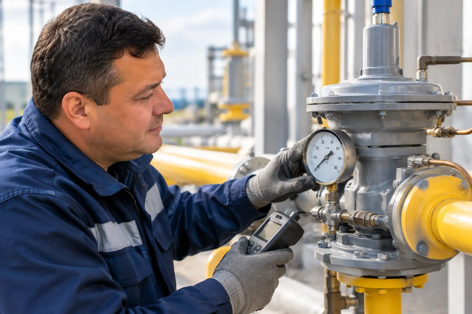 Фахівець перевіряє манометр на промисловому газовому вузлі